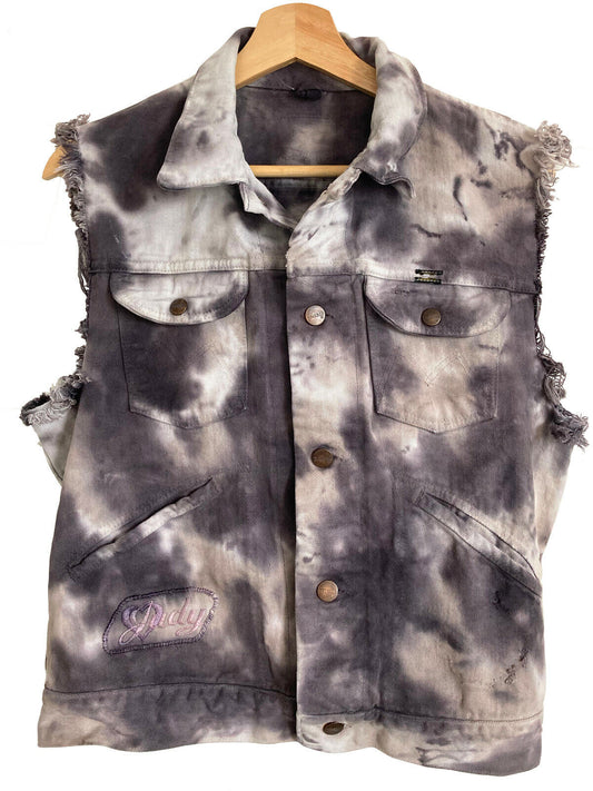 Upcycled Gray Tie Dye Denim Vest with Cutoff sleeves